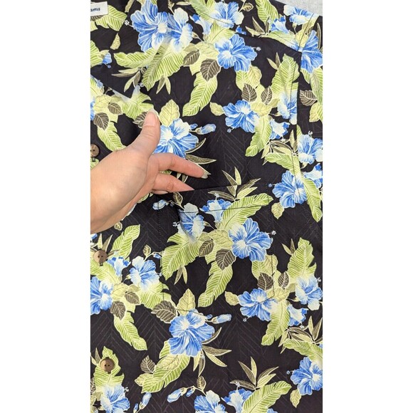 Tommy Bahama Men Shirt XL Hawaiian Silk Blue Hibiscus Tonal Chevron‎ Striped S/S - Picture 2 of 9